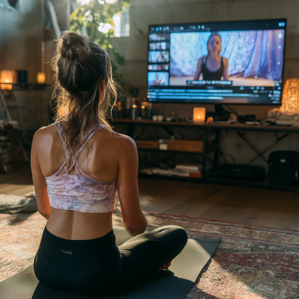 Жінка 52 років займається йогою вдома перед екраном комп'ютера, де проходить онлайн-урок з інструктором