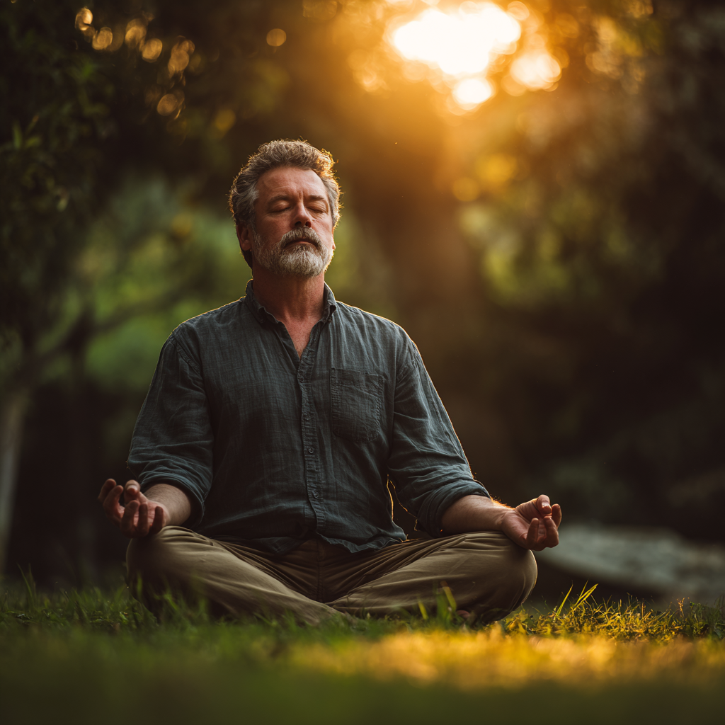 Чоловік 58 років медитує в позі лотоса на природі при світанку, оточений спокійною атмосферою та зеленню