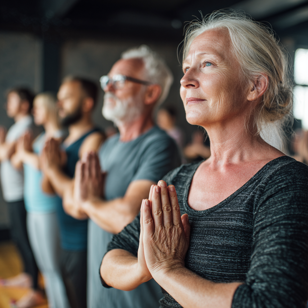 Група людей 50-60 років виконують м'які вправи йоги під керівництвом досвідченого інструктора в затишній студії